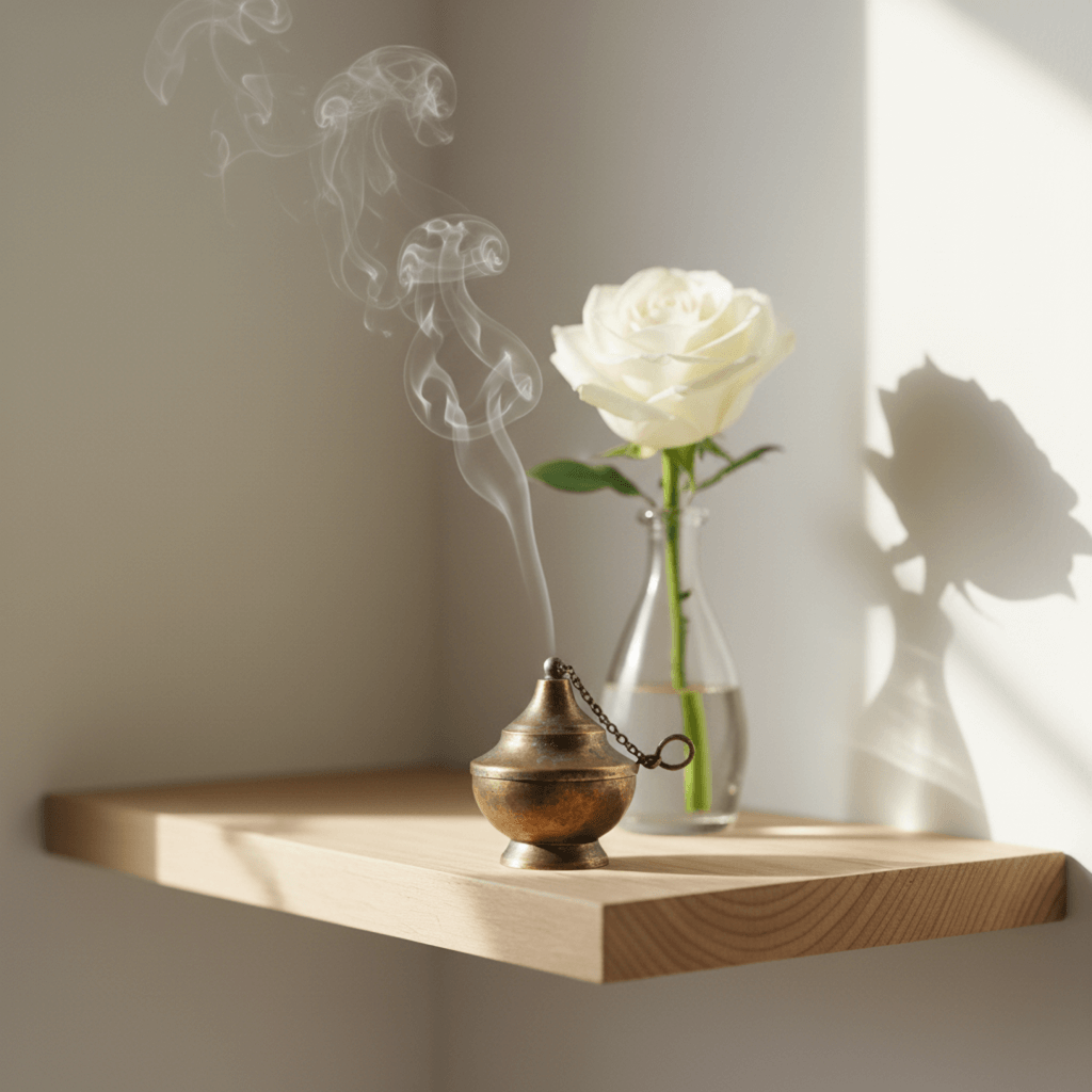 A bronze hand-censer gently smoking with Rose incense in a bright, serene home prayer corner with a fresh white rose nearby.
