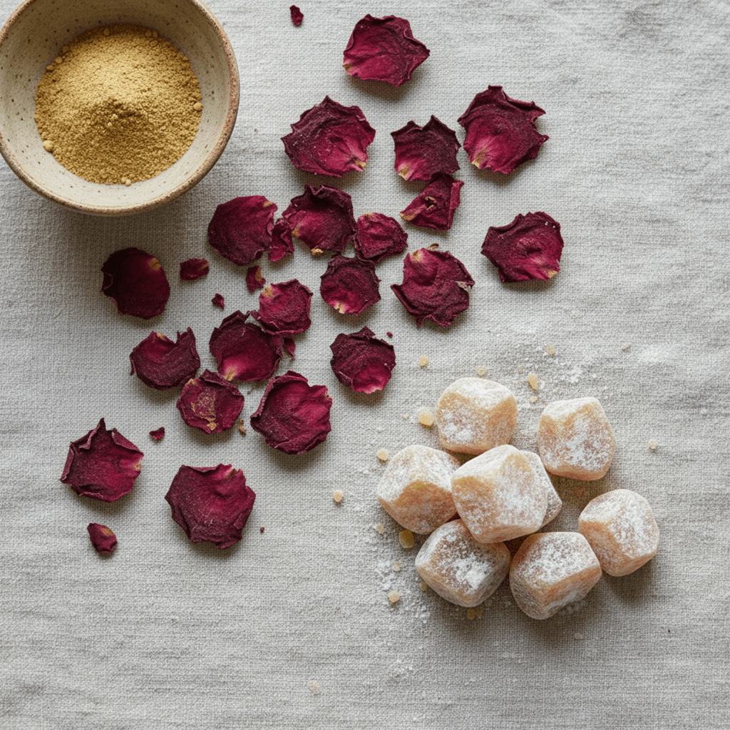 The authentic ingredients for Athonite Rose incense: a bowl of frankincense powder, dried rose petals, and the finished, hand-cut incense.