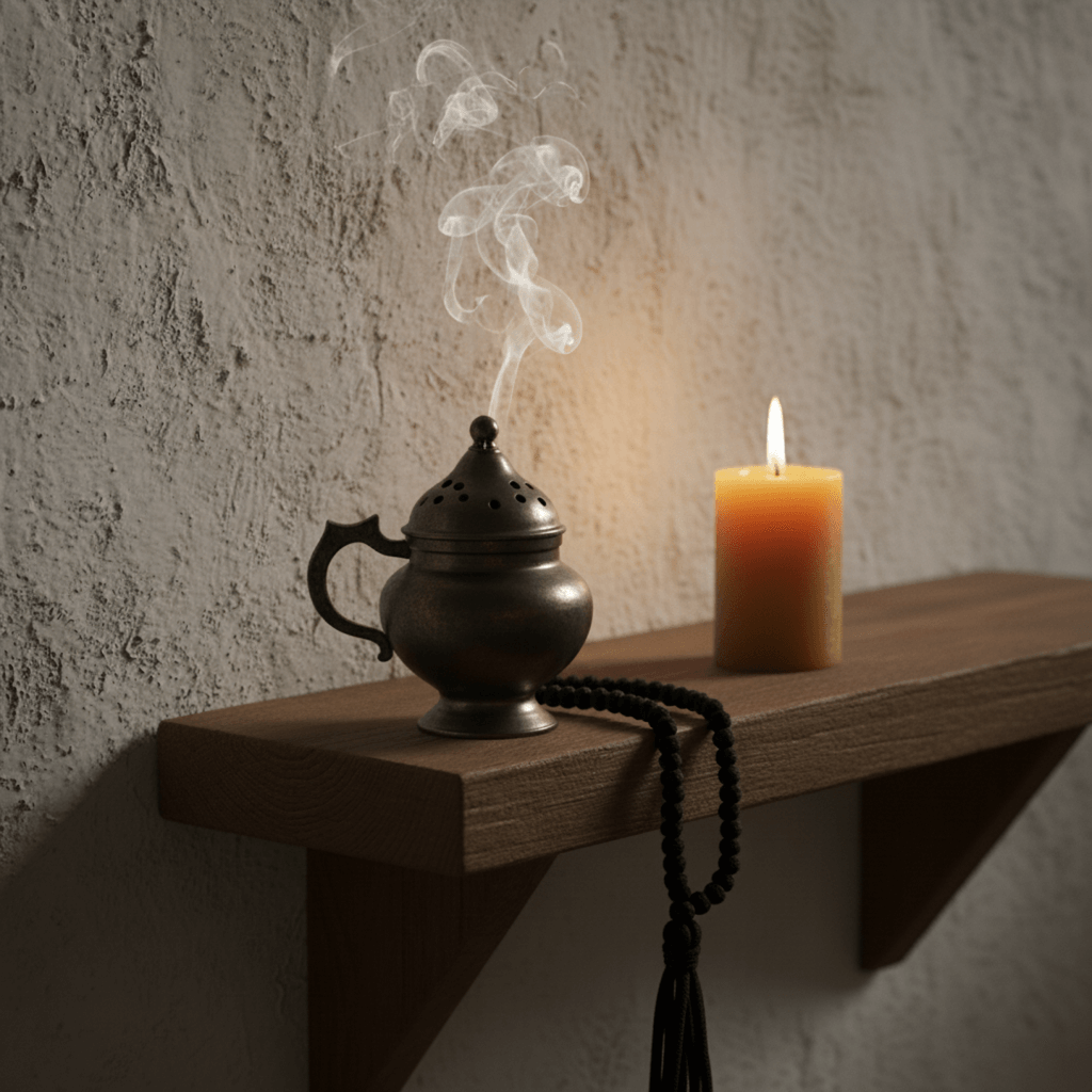 A dark bronze hand-censer (katzion) smoking with Cypress incense in a simple, contemplative prayer corner with a komboskini, lit by a single candle.