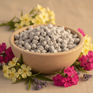 A sand-colored earthenware bowl of Desert Flower incense, tastefully decorated with fresh desert wildflowers.