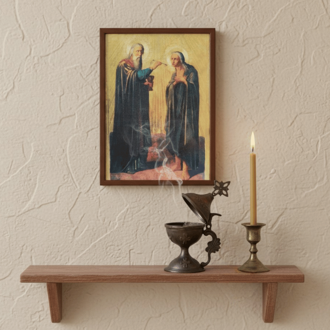 Desert Flower Incense burns gently in front of an icon of Saints Zosimas and Mary of Egypt. A beeswax candle gently burns next to the censer.