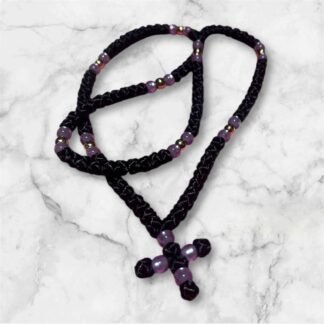 HANDMADE Tailless Black Satin PRAYER ROPE/KOMBOSKINI/CHOTKI (100 Knots) with GOLD & LILAC Beads - Unparalleled Comfort for All-Day Prayer