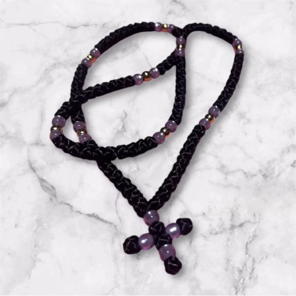 photo_2025-03-06_20-48-26 HANDMADE Tailless Black Satin PRAYER ROPE/KOMBOSKINI/CHOTKI (100 Knots) with GOLD & LILAC Beads - Unparalleled Comfort for All-Day Prayer