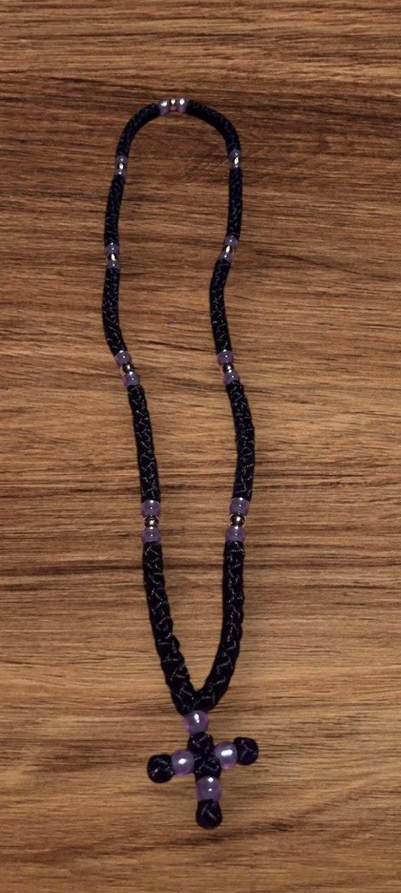 photo_2025-03-06_20-48-31 HANDMADE Tailless Black Satin PRAYER ROPE/KOMBOSKINI/CHOTKI (100 Knots) with GOLD & LILAC Beads - Unparalleled Comfort for All-Day Prayer