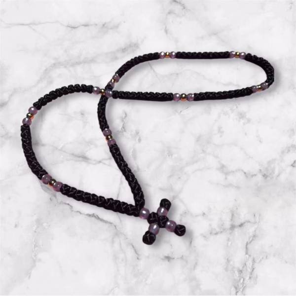 photo_2025-03-06_20-48-34 HANDMADE Tailless Black Satin PRAYER ROPE/KOMBOSKINI/CHOTKI (100 Knots) with GOLD & LILAC Beads - Unparalleled Comfort for All-Day Prayer