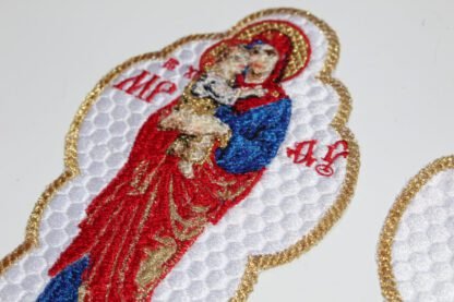 Theotokos with Christ Child Full-Body Icon Applique - Orthodox Byzantine - Gold Accents, Blue/Red/White - Monastery Made - Image 2