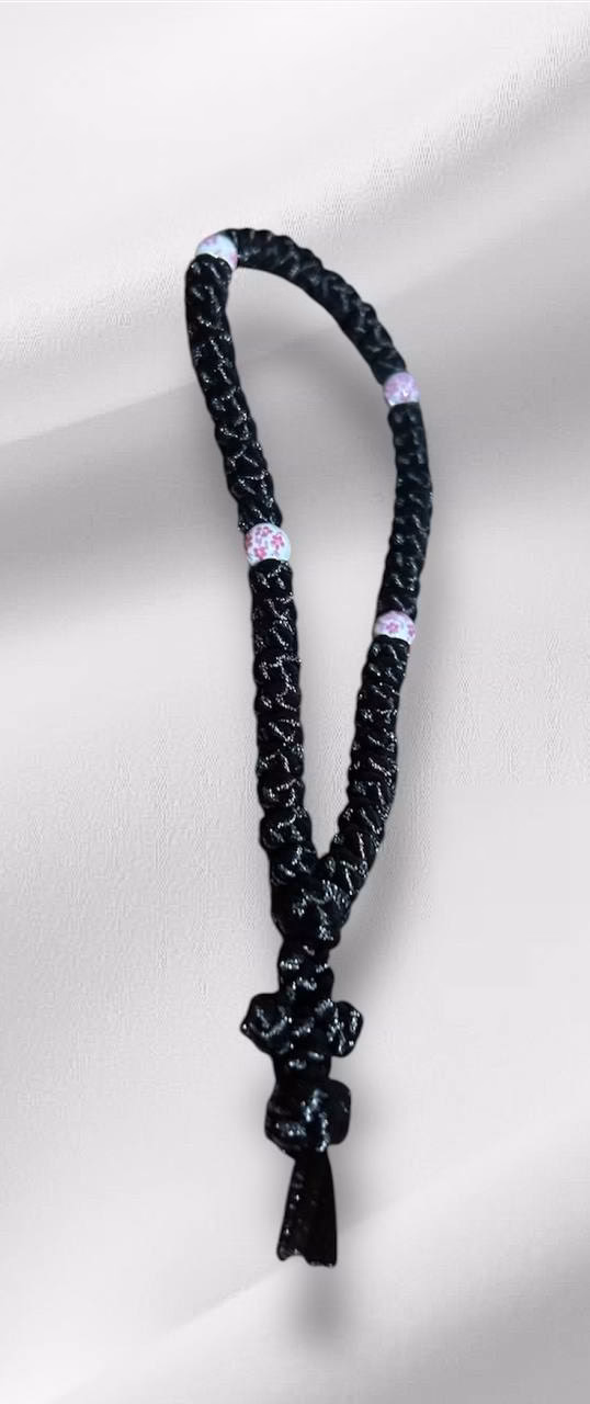 HANDMADE Tailless Black Satin PRAYER ROPE/KOMBOSKINI/CHOTKI (50 Knots) with CHINA BONE PATTERNED Beads - Unparalleled Comfort, Portable, & Discreet