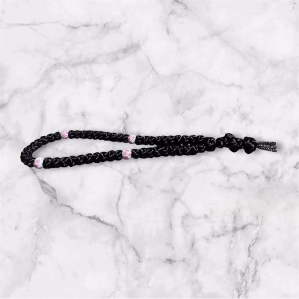 HANDMADE Tailless Black Satin PRAYER ROPE/KOMBOSKINI/CHOTKI (50 Knots) with CHINA BONE PATTERNED Beads - Unparalleled Comfort, Portable, & Discreet