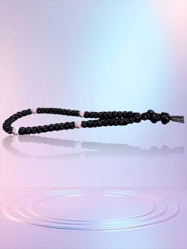 HANDMADE Tailless Black Satin PRAYER ROPE/KOMBOSKINI/CHOTKI (50 Knots) with CHINA BONE PATTERNED Beads - Unparalleled Comfort, Portable, & Discreet