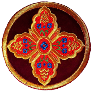 6-inch Byzantine Embroidered Ripidion - Burgundy, Gold & Red Chalice Cover - Monastery Made
