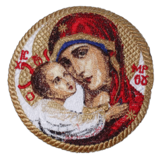 Theotokos & Christ Child Embroidered Icon Applique - Circular Orthodox Icon - Gold Frame - Monastery Made