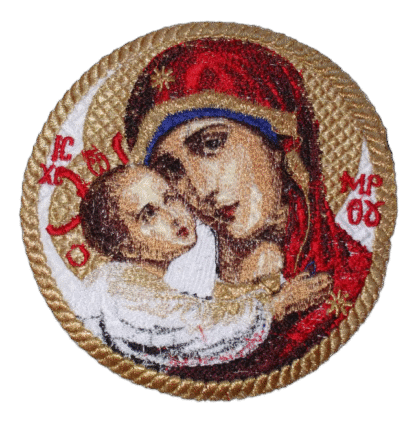 Theotokos & Christ Child Embroidered Icon Applique - Circular Orthodox Icon - Gold Frame - Monastery Made