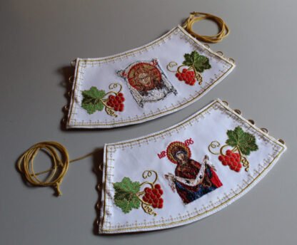 Embroidered Priest Cuffs Epimanikia - Christ & Theotokos Icons, Grape Vines - Custom Fabric Color - Monastic Handmade - Image 2