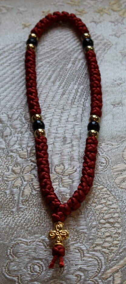 Rustic Red Satin 50-Knot Prayer Rope Komboskini - Pocket Size, Gold & Onyx Beads - Monastic Handmade - Image 3