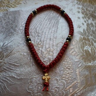 Rustic Red Satin 50-Knot Prayer Rope Komboskini - Pocket Size, Gold & Onyx Beads - Monastic Handmade