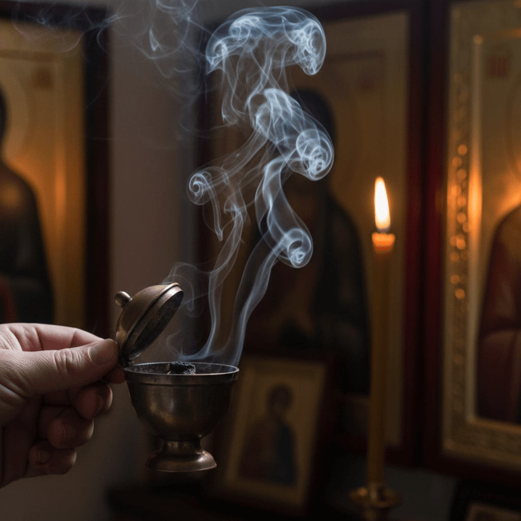 A person's hand gently censing a home prayer corner with a bronze katzion, with a thick plume of smoke rising before a candlelit icon.