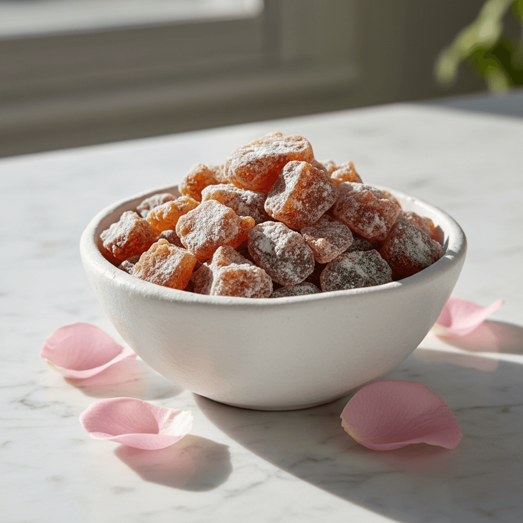 A white ceramic bowl of handcrafted Athonite Rose incense, with fresh pink rose petals scattered around it on a white marble surface.