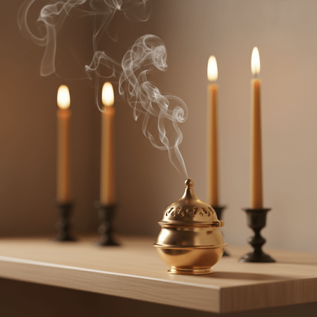 A brass hand-censer (katzion) smoking with Bethlehem incense in a home prayer corner, with the warm glow of beeswax candles in the background.
