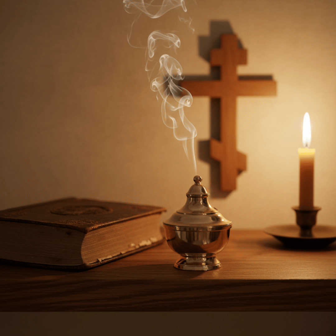 A bronze hand-censer (katzion) smoking with Carnation incense in a warm, comfortable prayer corner with a cherished family prayer book.