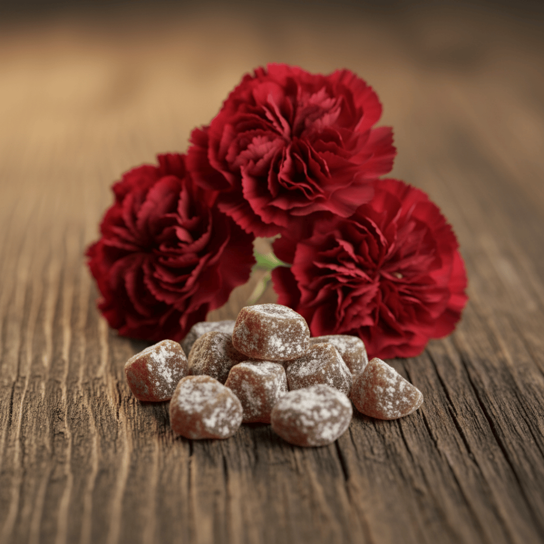The inspiration for Carnation incense: a pile of the finished product on dark wood next to a cluster of deep-red carnation blooms.