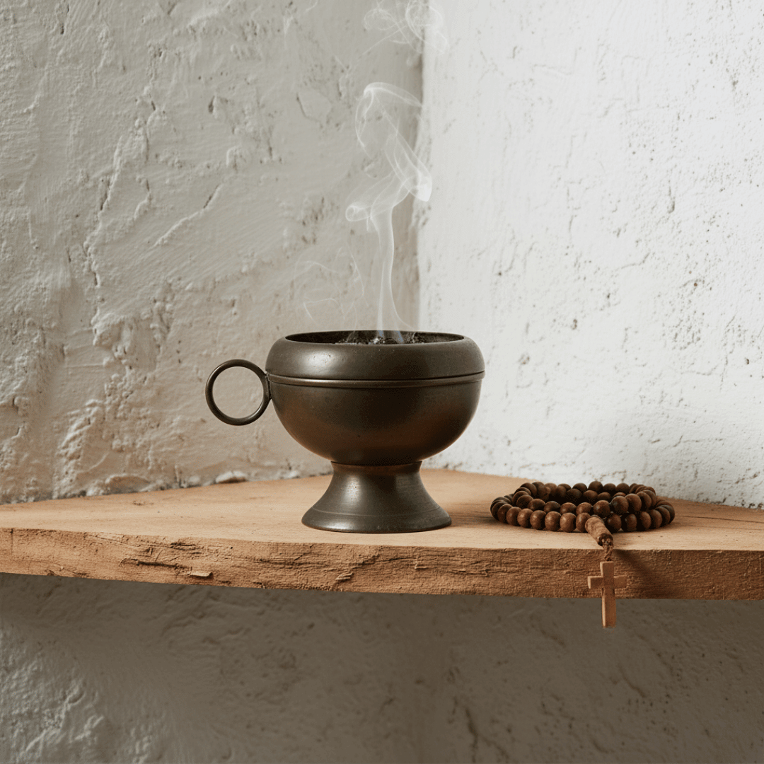 A humble, dark bronze hand-censer (katzion) smoking with Desert Flower incense in a simple, ascetic prayer corner with a komboskini.