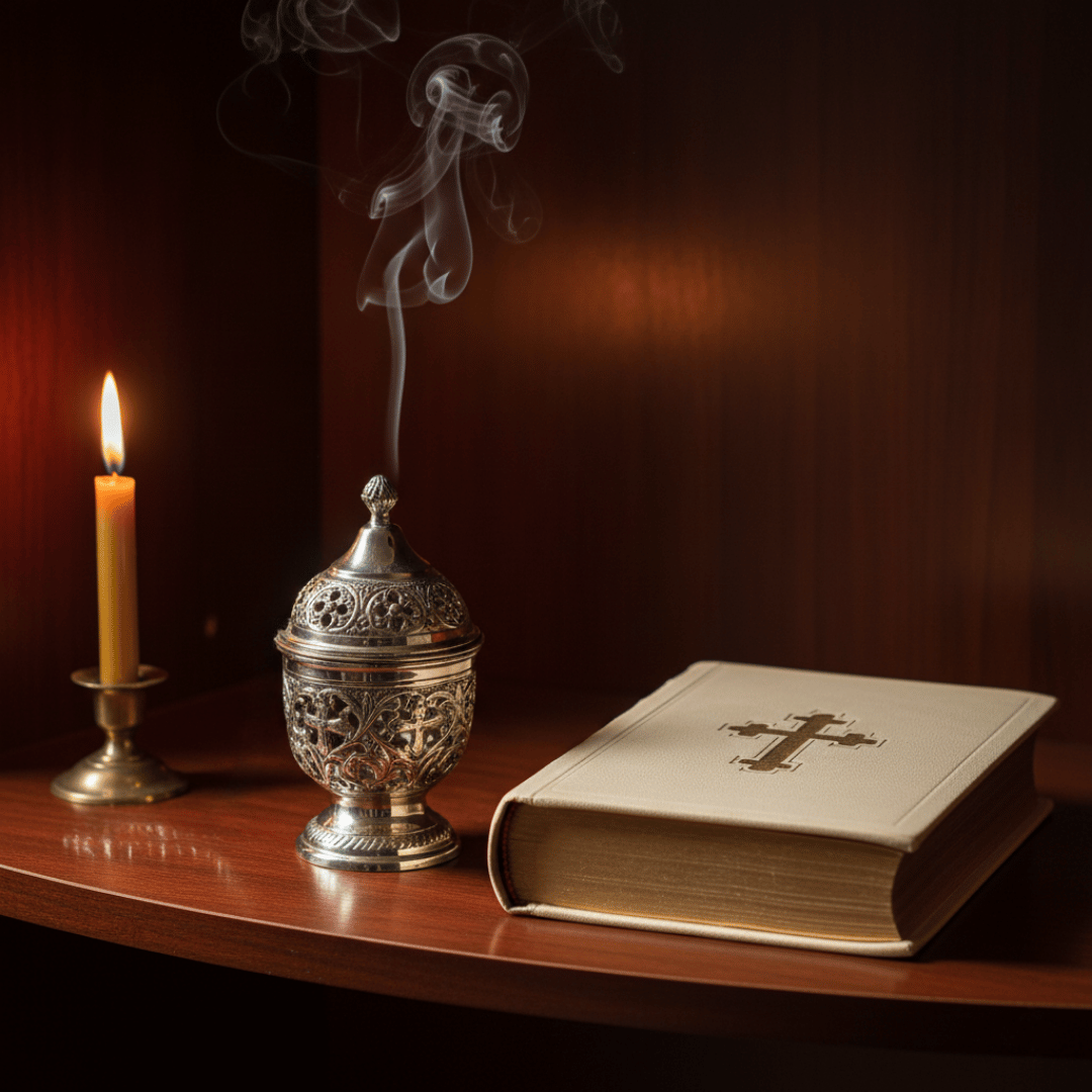 An ornate silver hand-censer (katzion) smoking with Gardenia incense in a warm, candlelit prayer corner with an antique prayer book.