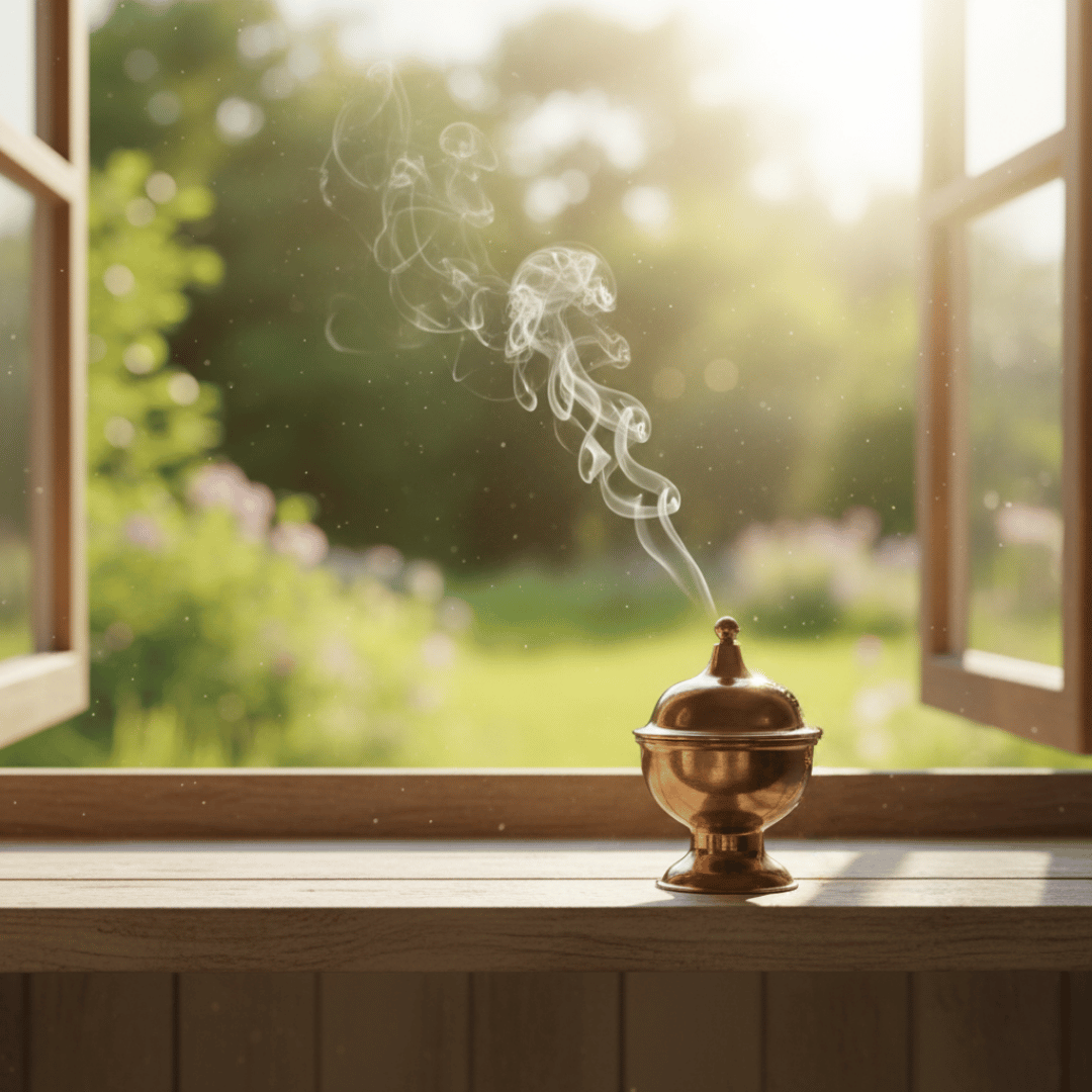 A bronze hand-censer (katzion) smoking with Honeysuckle incense, with the smoke illuminated by a sunbeam in a peaceful prayer corner.