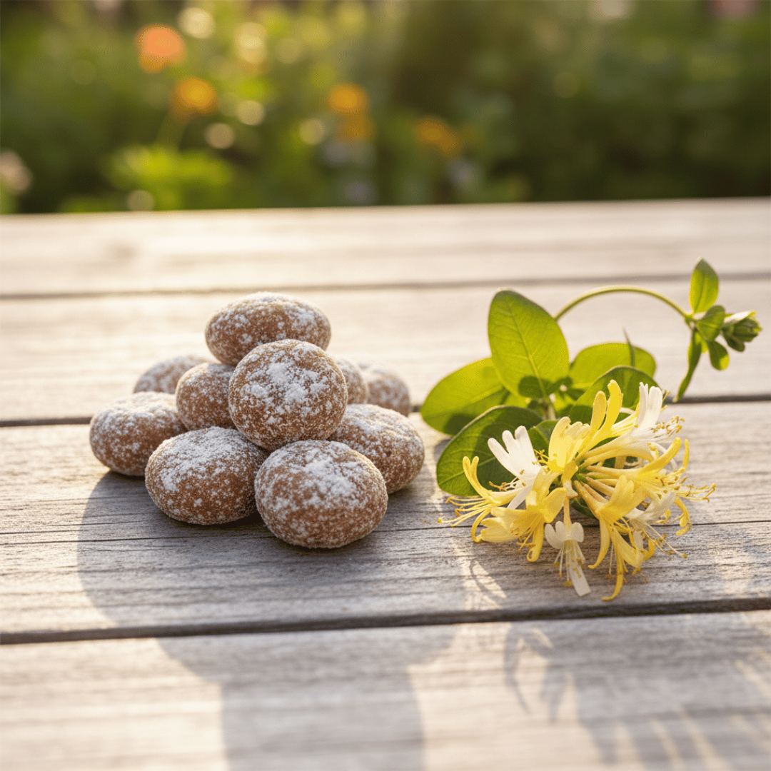 The inspiration for Honeysuckle incense: a pile of the finished product on a sun-bleached wood surface next to a vibrant honeysuckle vine.