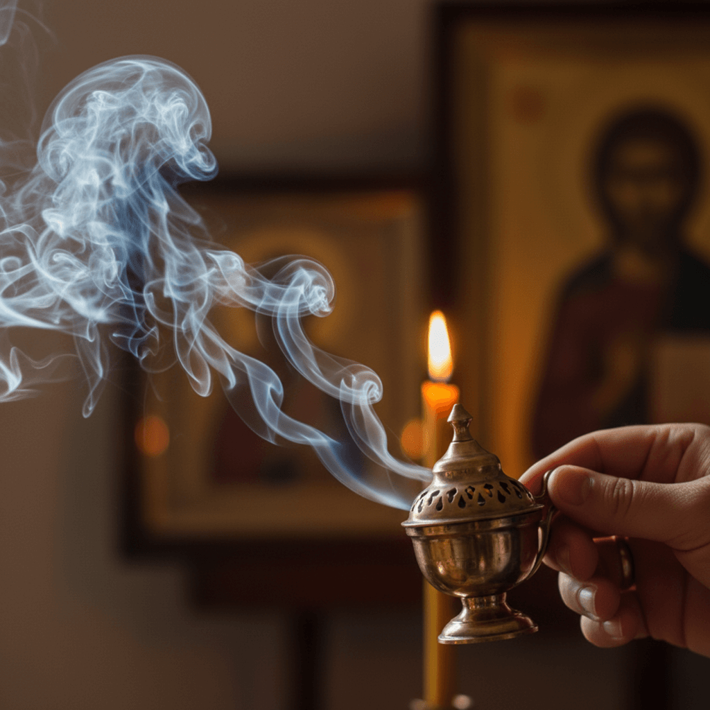 A person's hand gently censing a home prayer corner in the evening with a bronze katzion, lit by the glow of a single candle.