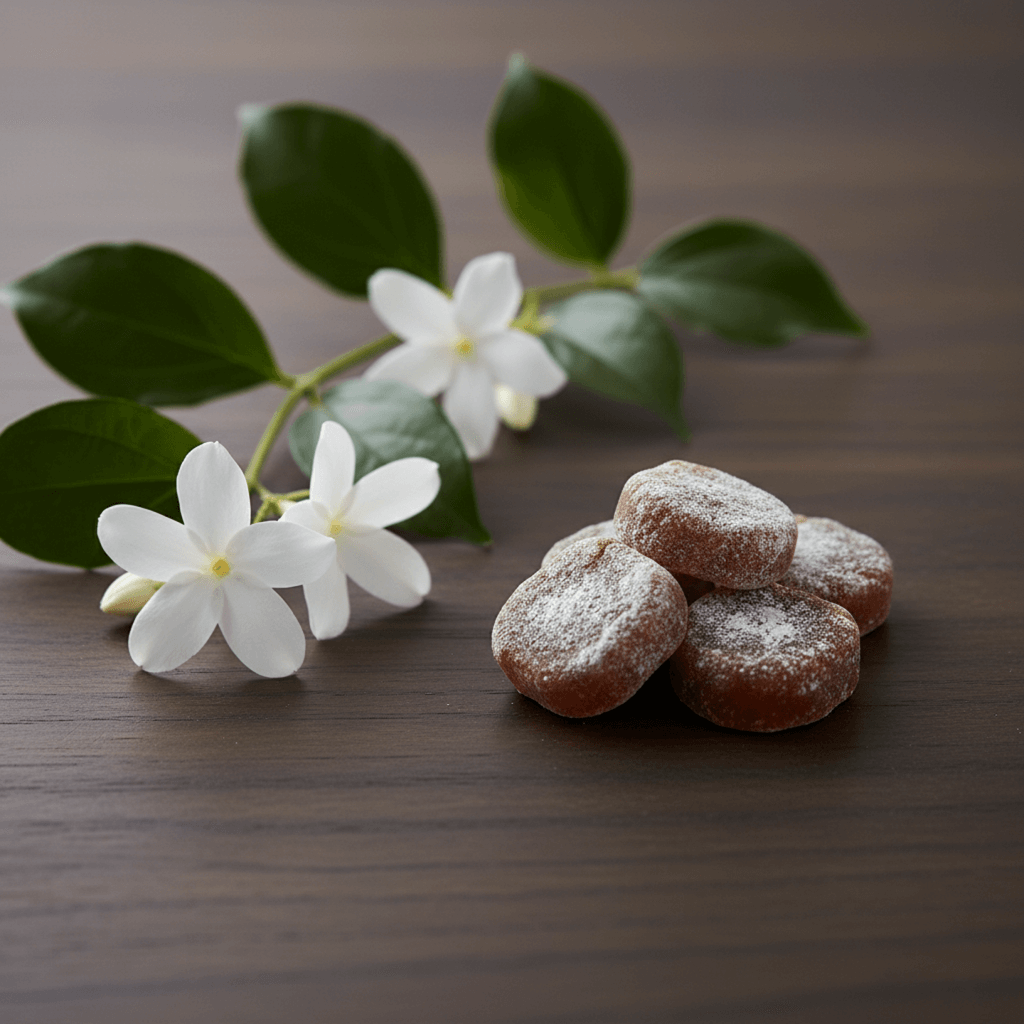 The inspiration for Jasmine incense: a pile of the finished product next to a sprig of a jasmine vine with delicate white flowers.