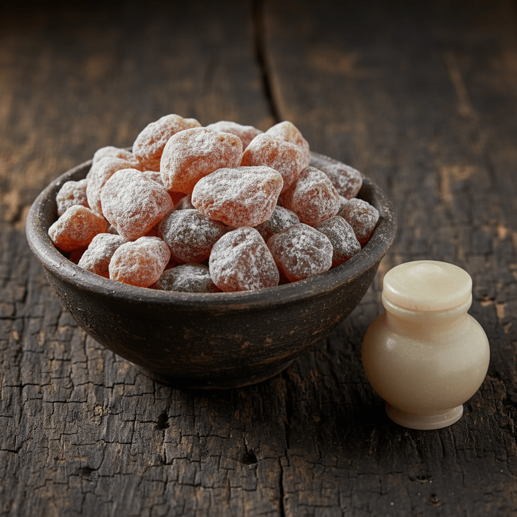 A simple earthenware bowl of handcrafted Nard incense, resting on aged wood next to an ancient, alabaster-style ointment jar.