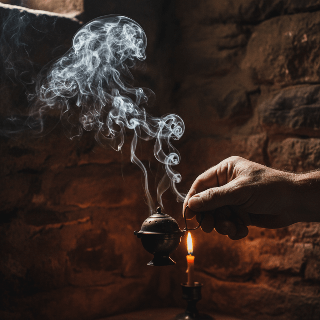 A man's hand censing a simple prayer corner with a dark bronze katzion, creating a humble, penitential atmosphere.