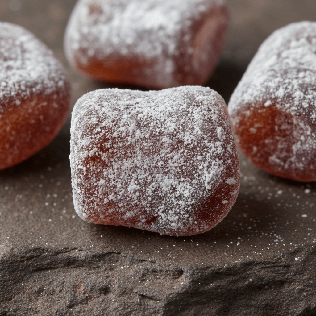 A macro, close-up shot of hand-cut Nard incense, showing its heavy, chalky coating on a rough, dark stone surface.
