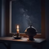night-flower-incense-in-use-vigil-prayer A dark bronze hand-censer (katzion) smoking with Night Flower incense in a candlelit prayer corner at night, with a starry sky visible.