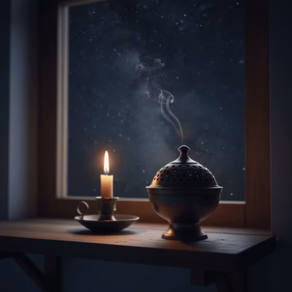 night-flower-incense-in-use-vigil-prayer A dark bronze hand-censer (katzion) smoking with Night Flower incense in a candlelit prayer corner at night, with a starry sky visible.
