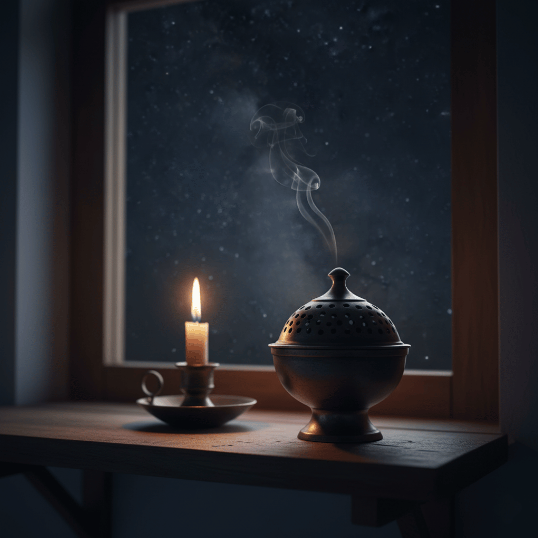 A dark bronze hand-censer (katzion) smoking with Night Flower incense in a candlelit prayer corner at night, with a starry sky visible.