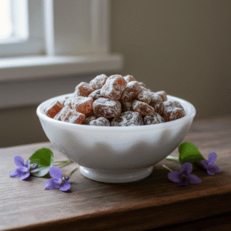An antique, milky-white glass bowl of handcrafted Violet incense, resting on aged dark wood with a few delicate purple violet flowers.