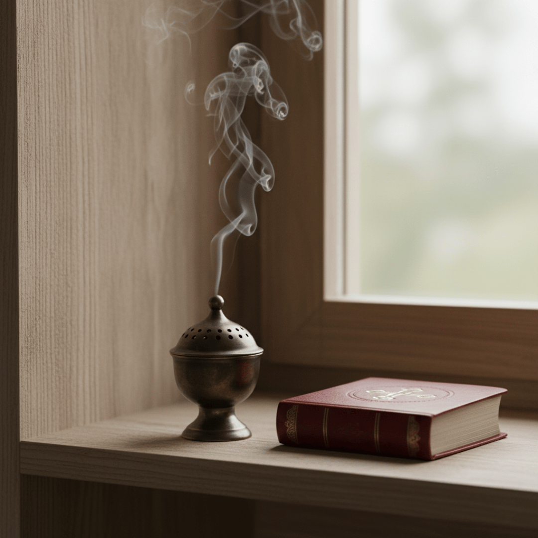 A dark bronze hand-censer (katzion) smoking with Violet incense in a humble prayer corner with a well-loved prayer book.