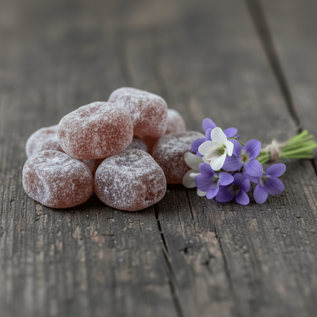The inspiration for Violet incense: a pile of the finished product next to a small posy of fresh purple and white violets.
