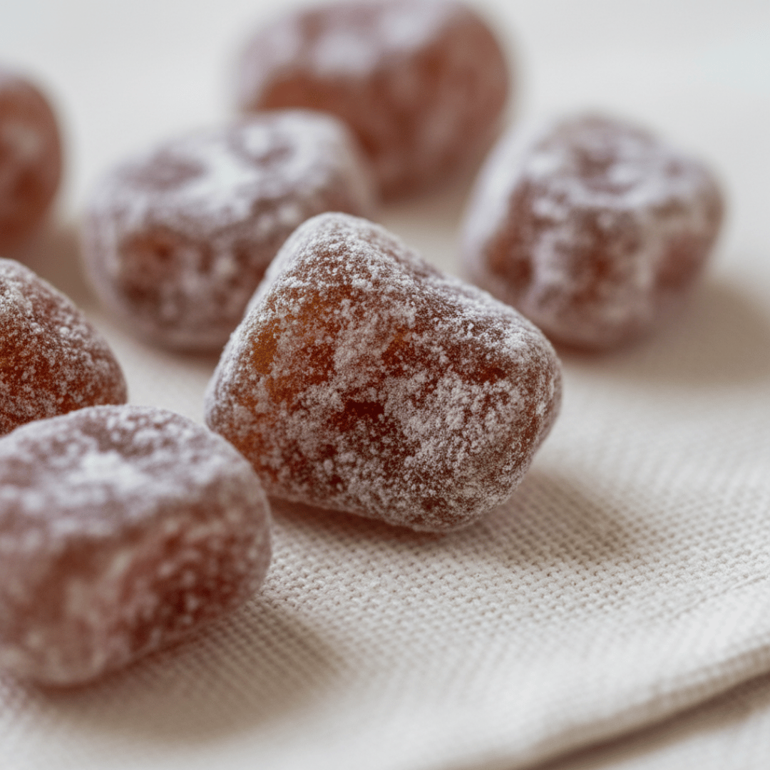 A macro, close-up shot of hand-cut pieces of Violet incense, showing its heavy, chalky coating on a cream cotton fabric.