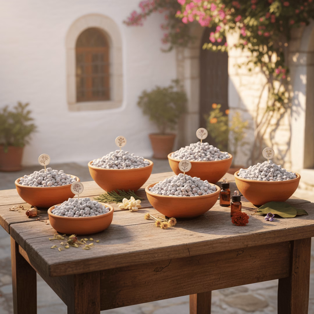 The Athonite Collection 2 A collection of our authentic Athonite incenses arranged on a table in front of a white-walled small Greek chapel.