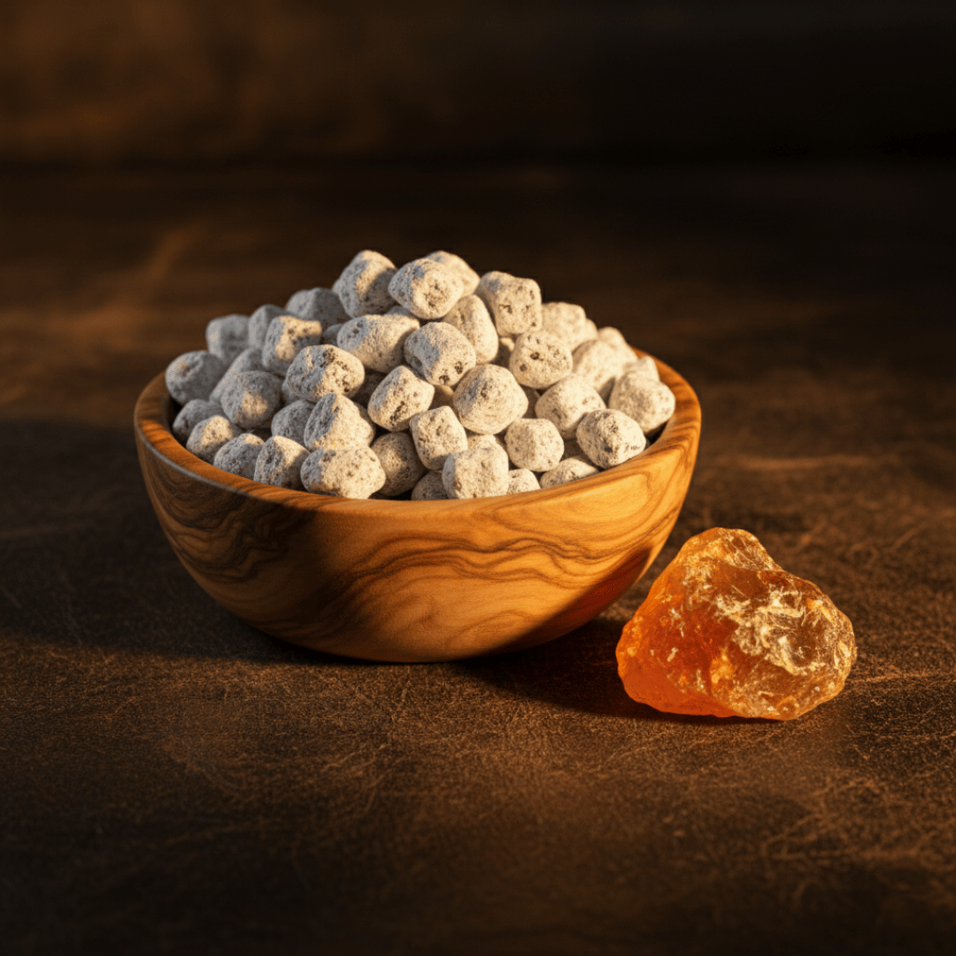 A polished olive wood bowl of handcrafted Amber incense, resting on aged leather next to a piece of raw, golden amber resin.