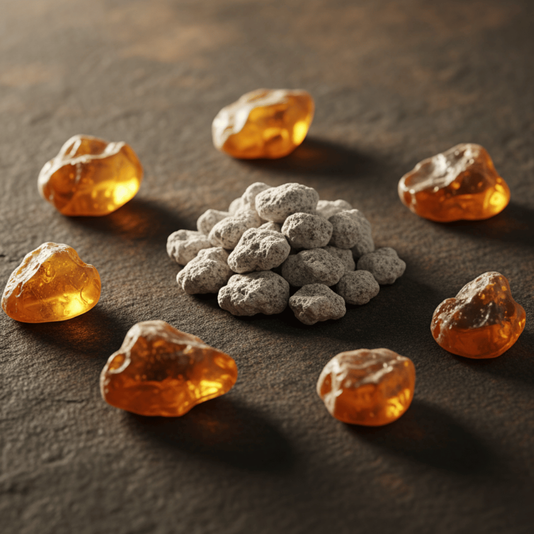 The inspiration for Amber incense: a pile of the finished product surrounded by pieces of raw, golden amber resin glowing in warm light.