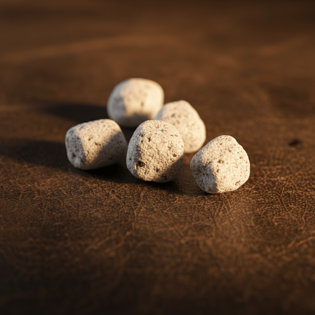 A macro, close-up shot of hand-cut Amber incense pieces, showing its magnesia coating on a dark, crackled leather surface.