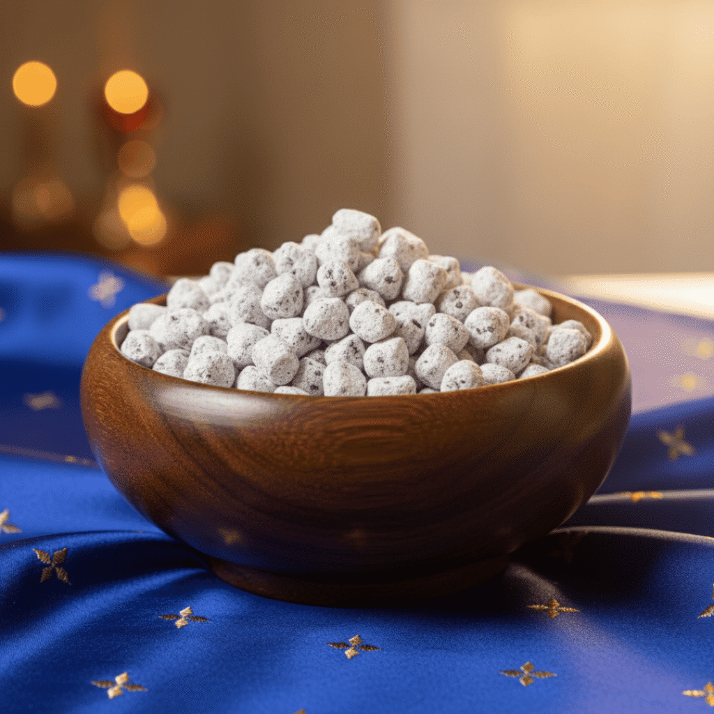 A polished wooden bowl of handcrafted Bethlehem incense, resting on a royal blue and gold embroidered cloth, evoking the Nativity services.