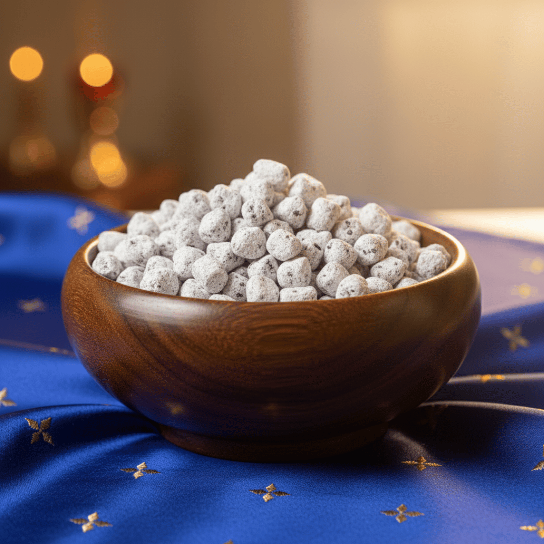 A polished wooden bowl of handcrafted Bethlehem incense, resting on a royal blue and gold embroidered cloth, evoking the Nativity services.