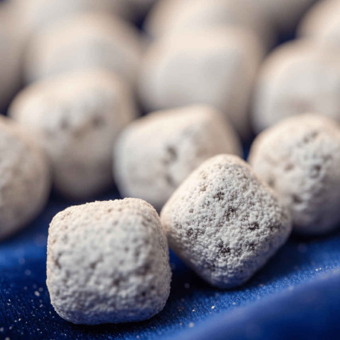 A macro, close-up shot of hand-cut Bethlehem incense pieces, showing its magnesia coating on a rich, royal blue velvet fabric.