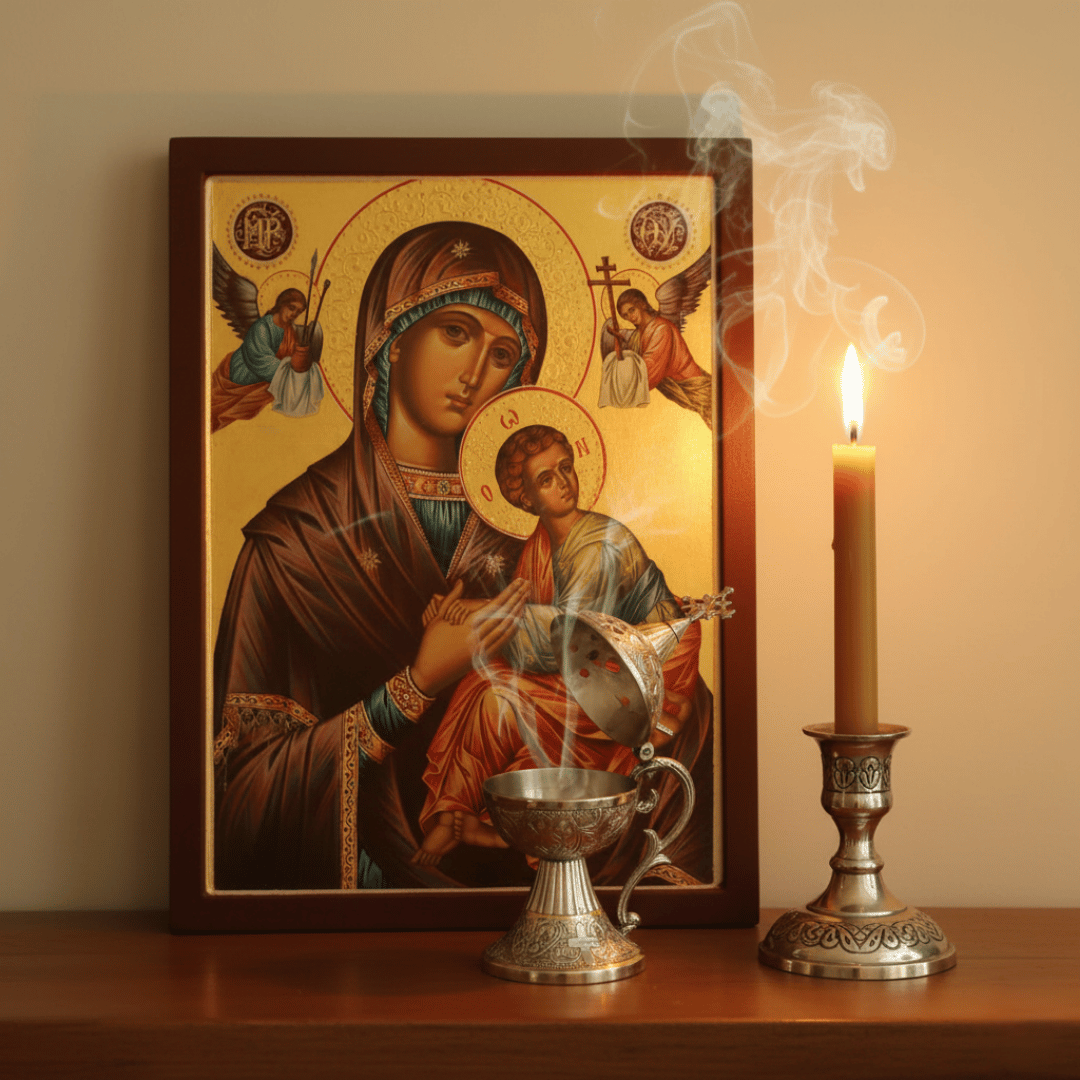 An ornate censer smoking with Byzantine incense, resting before a beautiful icon of the Theotokos, with a beeswax candle gently burning beside it.