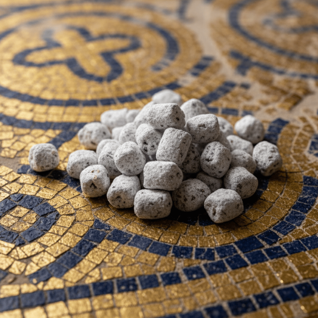 The inspiration for Byzantine incense: a pile of the finished product resting on the surface of a Byzantine mosaic with gold and blue tiles.