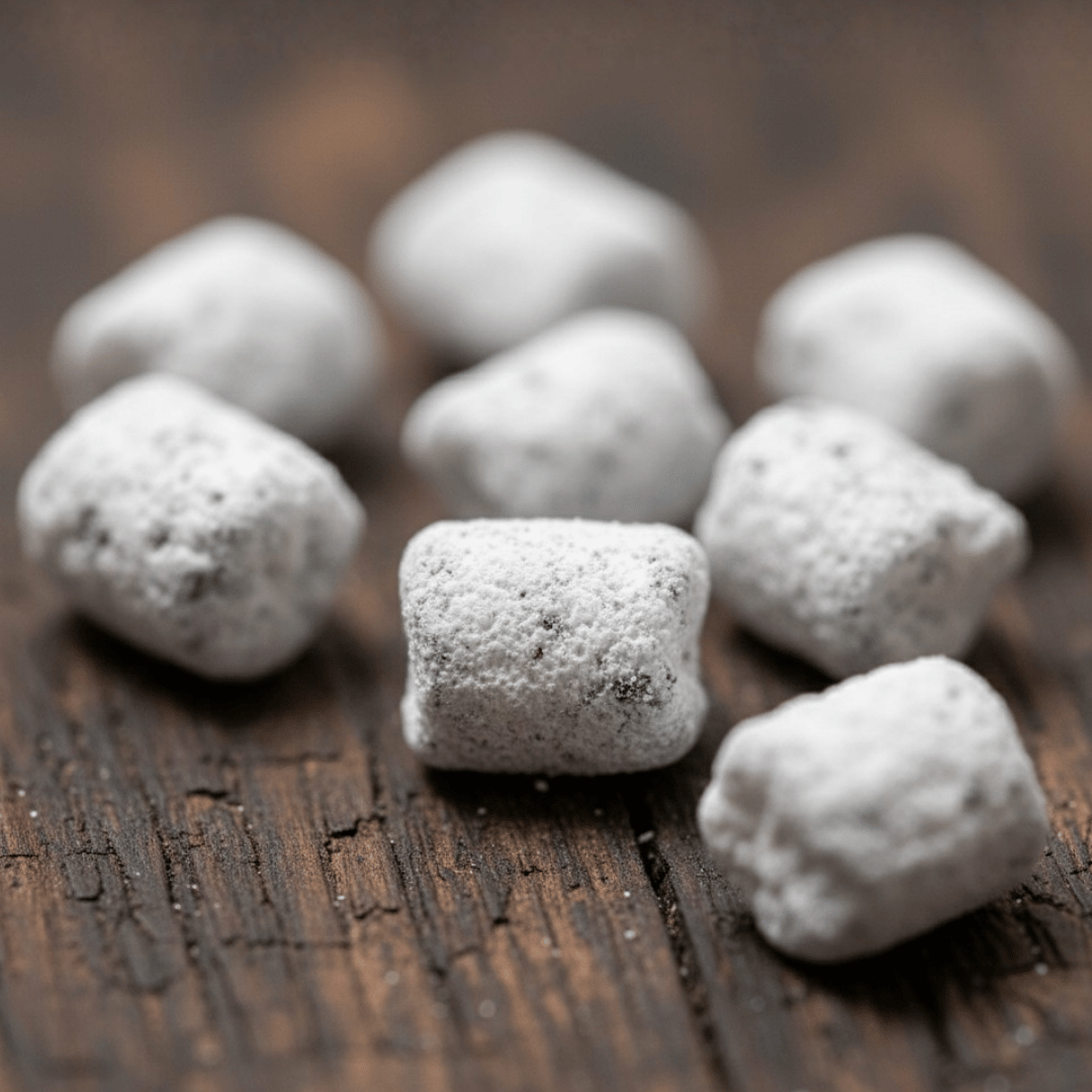 A macro, close-up shot of hand-cut Byzantine incense pieces, showing its magnesia coating.